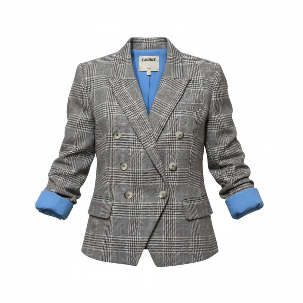 L'AGENCE Kenzie Double Breasted Blazer in Ivory Neutral Multi Plaid